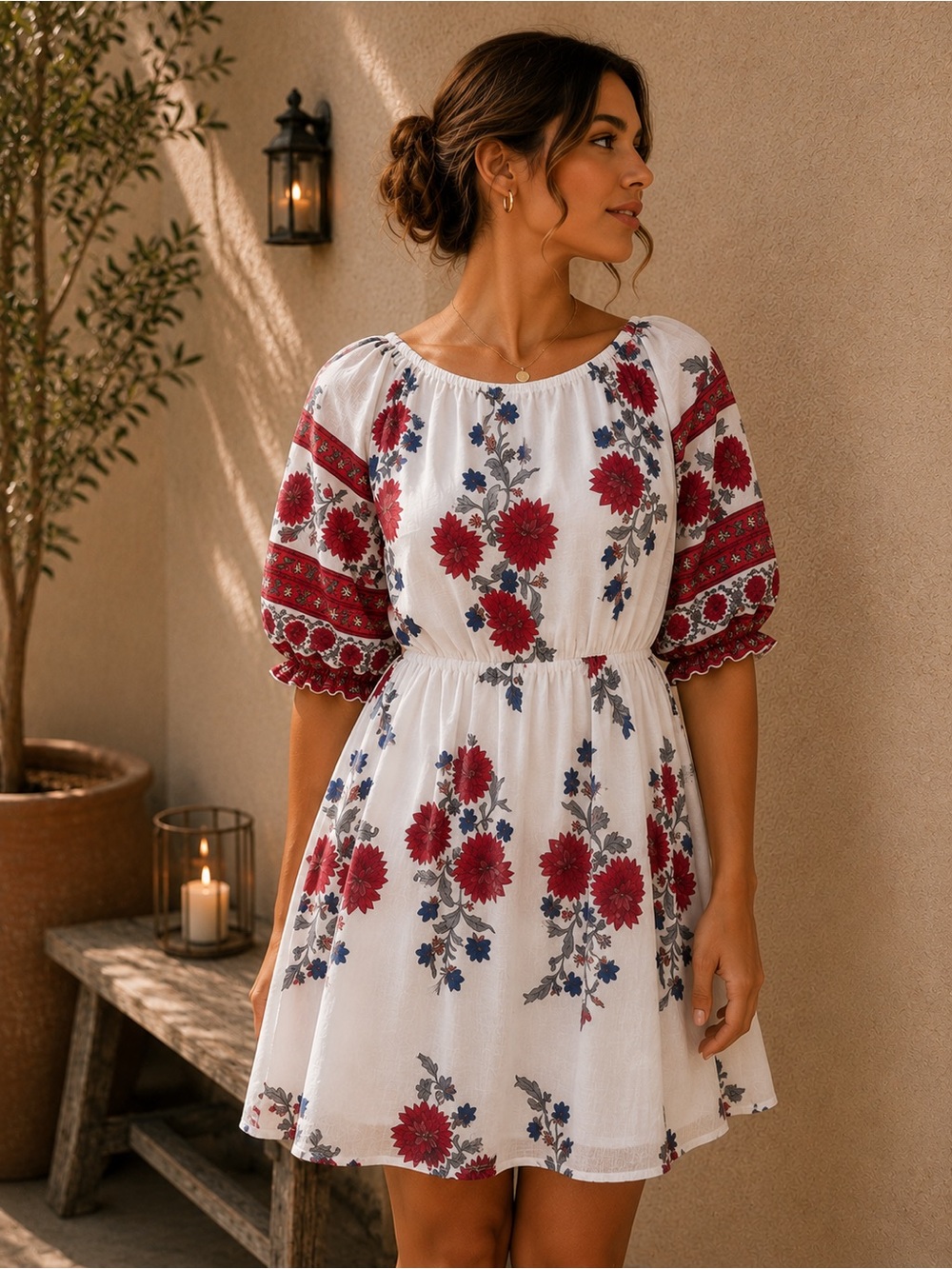 White Floral Mini Dress with Red & Navy Bouquet Print